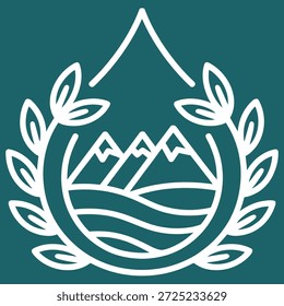 Estilizado emblema circular con montañas cubiertas de nieve y agua ondulada representada dentro de una corona de laurel con forma de lágrima arriba