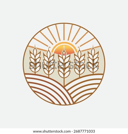 Stylized circular emblem featuring a sunrise over a wheat field, evoking themes of agriculture, harvest, and natural beauty.