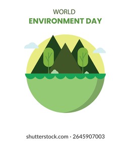a stylized, circular emblem for World Environment Day. The composition features a semi-circular cross-section of a verdant landscape against a soft, yellow-green backdrop. 