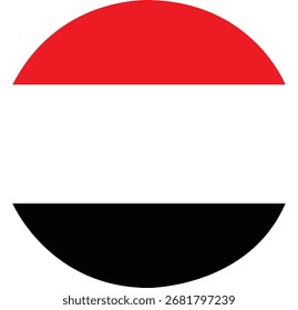 A stylized circular flag with horizontal stripes of red, white, and black, representing the flag of Yemen.