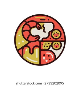 Gráfico circular estilizado que representa una comida de mariscos con Elementos de camarones, limones y salsa