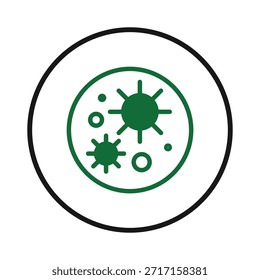 Um ícone circular estilizado contendo representações abstratas de organismos microscópicos, possivelmente representando células, bactérias ou vírus. O design é limpo e gráfico, sugerindo um símbolo relacionado a
