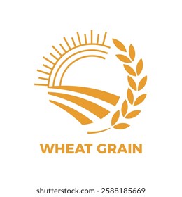 Stylized circular icon representing a wheat field under a shining sun, with grain stalks forming a decorative frame, symbolizing agriculture, farming, and the production of wheat grain