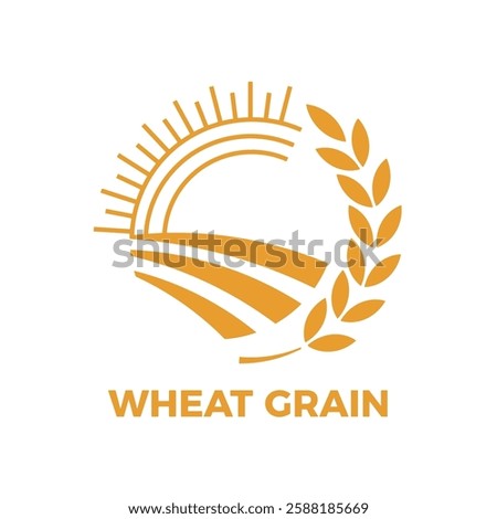 Stylized circular icon representing a wheat field under a shining sun, with grain stalks forming a decorative frame, symbolizing agriculture, farming, and the production of wheat grain