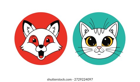 Stylized circular icons featuring the heads of a red fox and a white cat with large expressive eyes on colorful backgrounds.