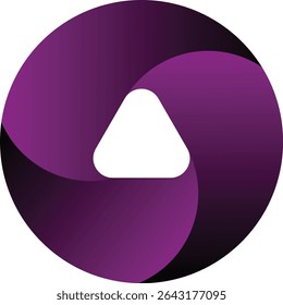 A stylized, circular logo featuring a deep purple gradient, with a white triangle prominently displayed within the circle.