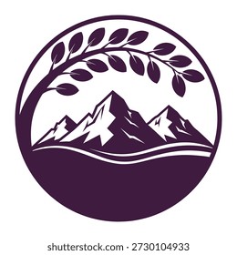 A stylized circular logo featuring a mountain range with snow-capped peaks under a curved branch with leaves, set against a deep purple background.
