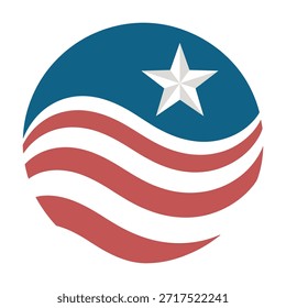 Logotipo circular estilizado con una estrella blanca y rayas rojas y blancas onduladas en un tema patriótico