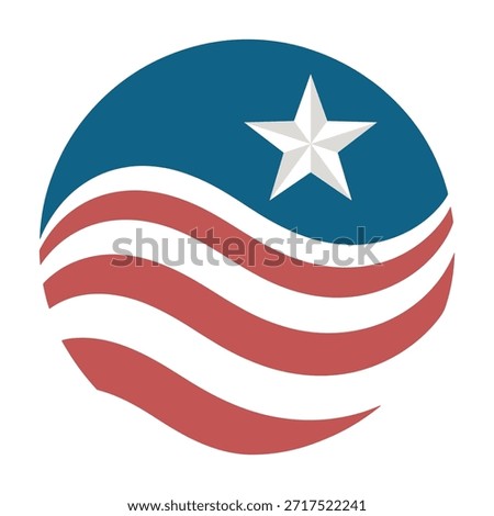A stylized circular logo featuring a white star and wavy red and white stripes in a patriotic theme