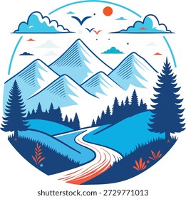 A stylized circular a vibrant mountain landscape with snow-capped peaks, a winding road and silhouetted trees under a sky with clouds, birds and a sun.