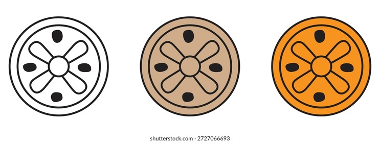 Stilisiertes Zitrusfrucht-Scheibensymbol in Umrissen, braun und leuchtend orangefarbenen Variationen
