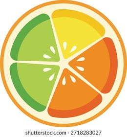Rebanada estilizada de cítricos con segmentos de amarillo verde y naranja