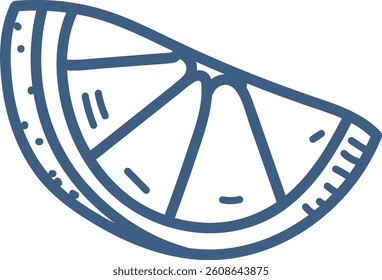 A stylized citrus slice depicted with bold lines and simple shapes. The image captures a wedge of fruit with a focus on clean design and minimal detail. Cartoon vector illustration.