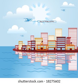 A stylized city by the sea vector illustration