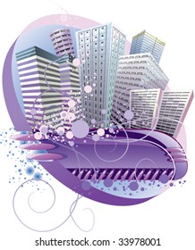 stylized city with element of the ornament and panel for text