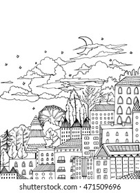 Stylized city. At home. Evening. Line art. Drawing by hand. Doodle. Graphic arts.