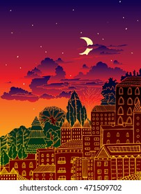 Stylized city. At home. Evening. Line art. Drawing by hand. Doodle. Graphic arts.