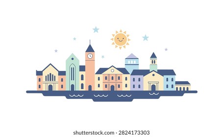 Stylized city illustration featuring a smiling sun, clock tower, stars, and waterfront buildings in a whimsical flat design style.