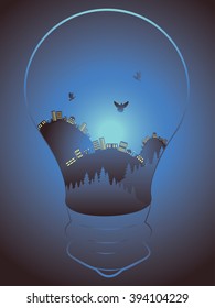 Stylized city inside of a light bulb symbol.