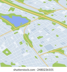 Stylized City Map Showing Roadways, Water Bodies And Park Areas. Vector Illustration For Urban Planning, Navigation