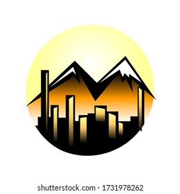 Stylized city and mountain background in orange and black. Vector illustration