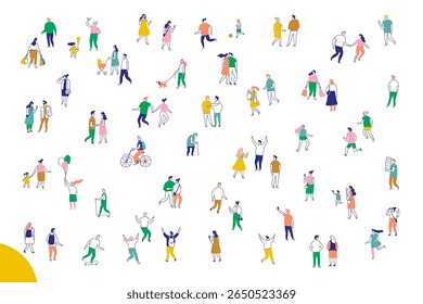 Stylized city people silhouette line vector bundle isolated on white. Diverse people walking, talking, shopping, and interacting 