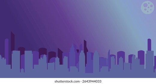 Stylized city skyline in purple and blue tones beneath a gradient night sky with a glowing moon—perfect for dreamy urban, or travel visuals