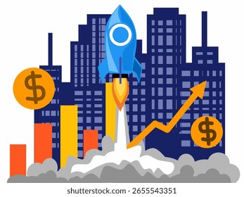 Un estilizado horizonte de la ciudad con un cohete que despega, signos de dólar y una flecha de tendencia ascendente, que representa el crecimiento empresarial y el éxito de las empresas emergentes