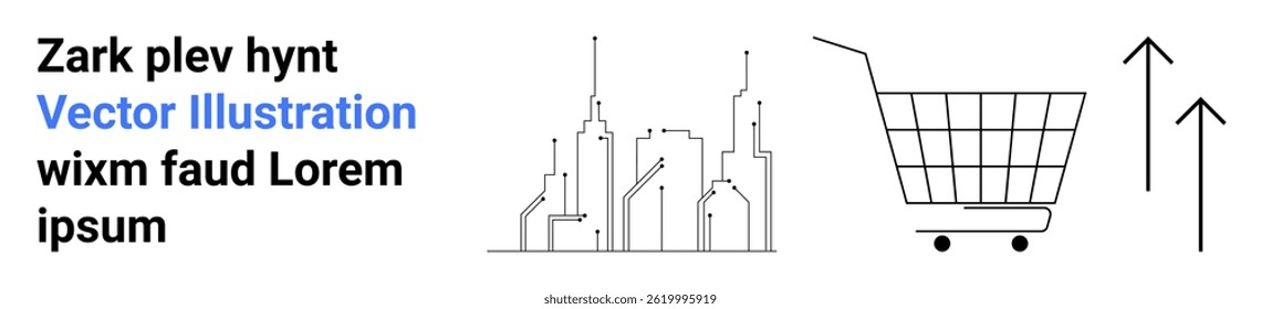 Stylized city skyline, shopping cart, upward arrows suggesting growth and commerce. Ideal for e-commerce, urban planning, retail strategies, economic growth, business presentations, marketing