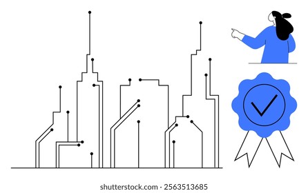 Stylized city skyline using circuit-like lines, a person pointing, and a certification badge. Ideal for technology, smart city, innovation, digital transformation, and quality assurance. Clean