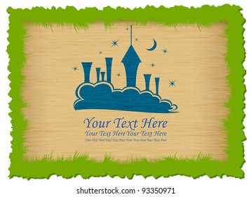 Stylized city under starry sky in frame of grass