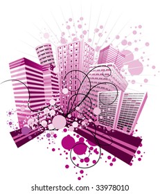 stylized city in violet colors, elements of the ornament, circles and roads