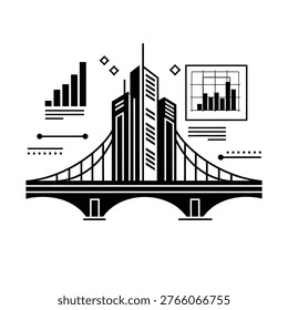 A stylized cityscape featuring a bridge with tall skyscrapers and surrounding graphical elements suggesting data charts and urban infrastructure.