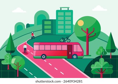 Stylized Cityscape Featuring a Red Bus, Cyclist, and Pedestrian 