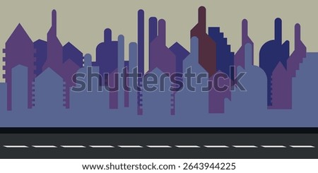 Stylized cityscape with geometric blue and purple buildings, a beige sky, and dashed road lines—ideal for modern urban, travel, or architectural themes.