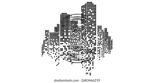 A stylized cityscape is rendered in black dots against a white background, with concentric circular elements at the base.