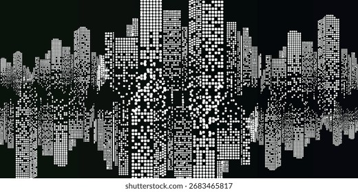 A stylized cityscape rendered in black and white, depicting a skyline of buildings with illuminated windows.
