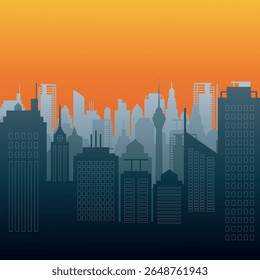 Stylized cityscape silhouettes against a sunset or sunrise backdrop, characterized by a warm orange sky fading into cooler blues and greys of the buildings.