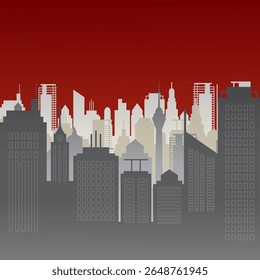 Stylized cityscape silhouettes of gradient grey and beige buildings, against a deep red background.