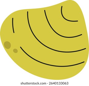 A stylized clam shell with curved lines and dots in a flat design. The shell features smooth contours and simple patterns. Cartoon vector illustration.