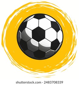 Stylized Classic black and white Soccer Ball with Eye-Catching Vibrant Yellow Brushstroke Abstract Background perfect for sports-related designs.