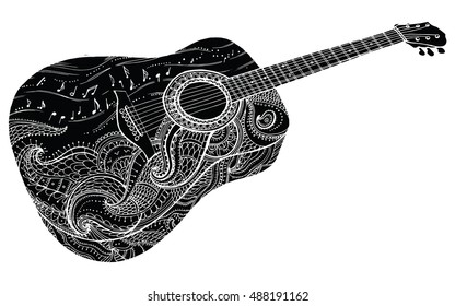 Stylized classical guitar. Retro guitar. Musical instrument. Music. Rock. Line art. Drawing by hand. Graphic arts. Tattoo. Doodle.