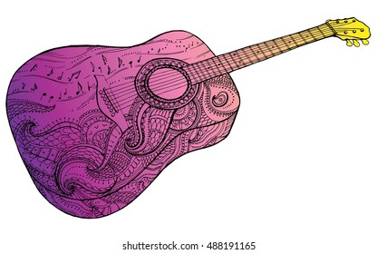 Stylized classical guitar. Retro guitar. Musical instrument. Music. Rock. Line art. Drawing by hand. Graphic arts. Tattoo. Doodle.