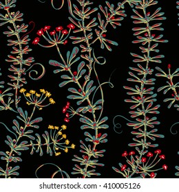 Stylized climbing plants with flowers seamless pattern. Drawn field plants, Provence vintage style. Vector clipart. Decorative rustic style. Design for fabrics, carpet, curtains,web, pillow