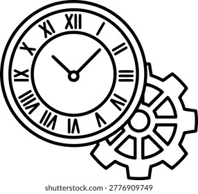 Stylized clock face with Roman numerals and interlocking gearwheel symbolising time and mechanics