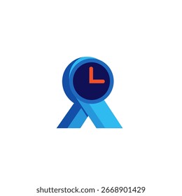 Un icono de reloj estilizado con una forma de cinta azul. La cara del reloj es azul oscuro con las manos anaranjadas.