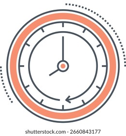 Icono estilizado del reloj con el anillo anaranjado, las flechas, y las manos que apuntan