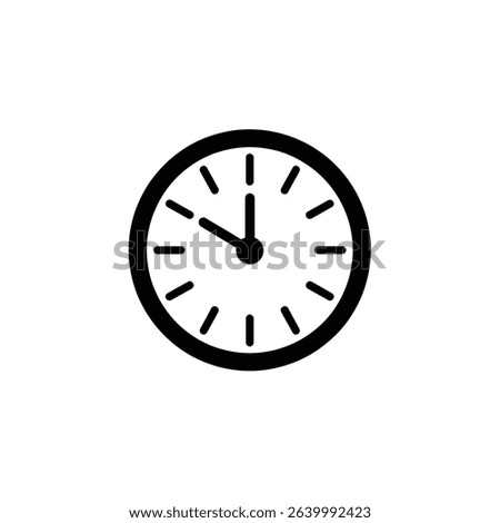 A stylized clock icon rendered in solid black displays a time of ten o'clock. The circular design features dash markers around the edge against a pure white backdrop.