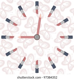 stylized clock with lipsticks and pencils