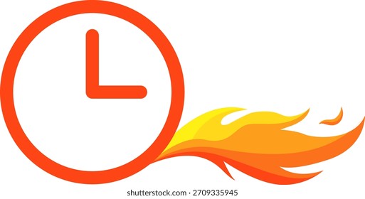 Un reloj estilizado con un contorno naranja y una forma de 'L' roja para la manecilla de la hora, envuelto en llamas en el lado derecho.
